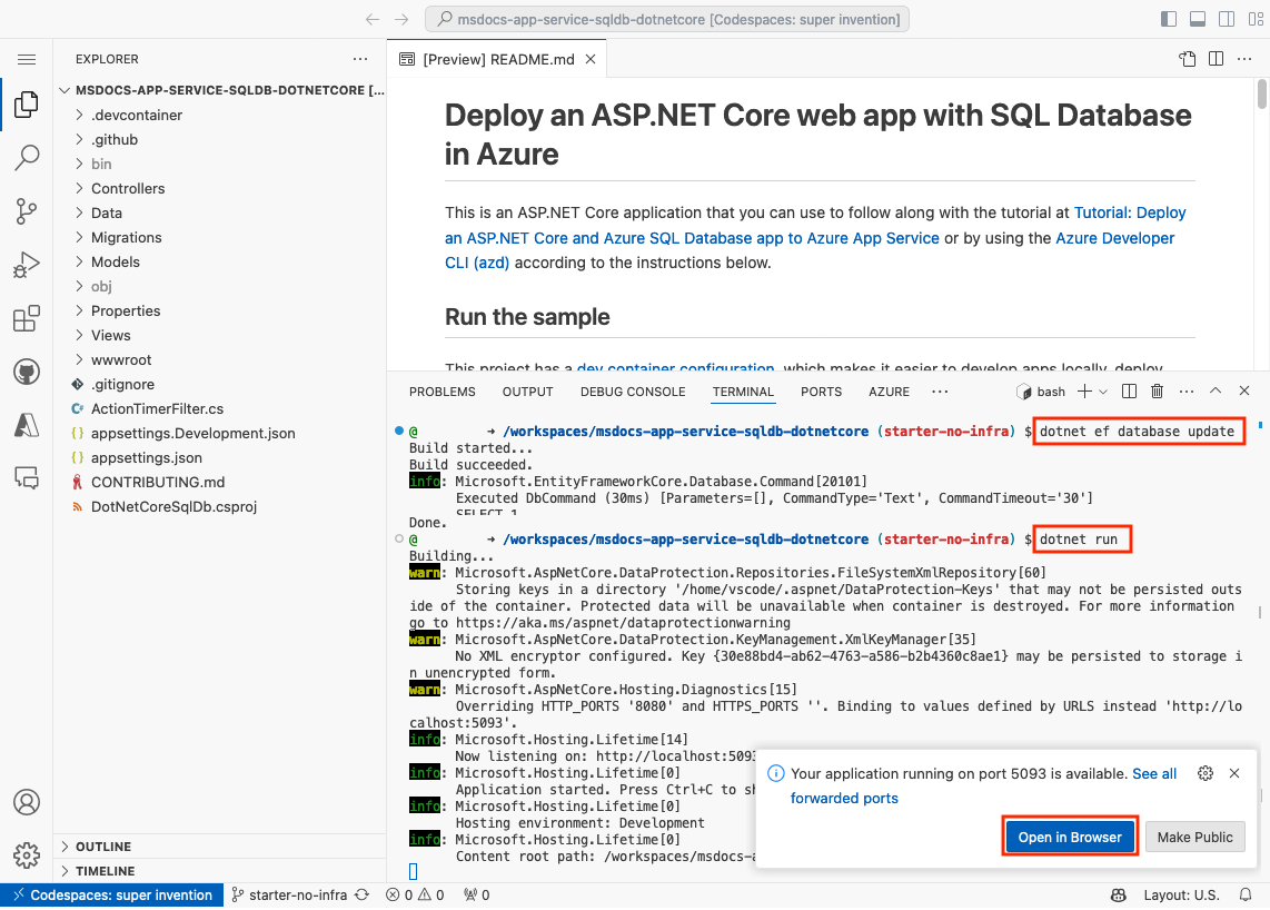 A screenshot showing how to run the sample application inside the GitHub codespace.