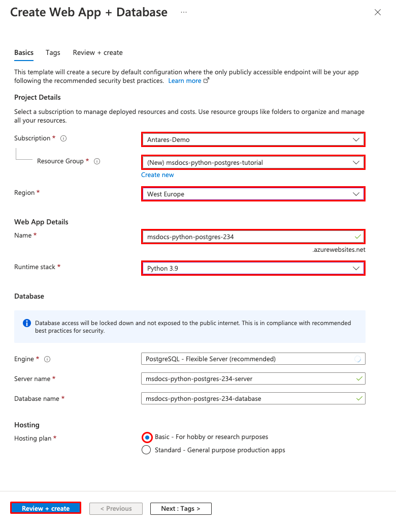 A screenshot showing how to configure a new app and database in the Web App + Database wizard (Flask).