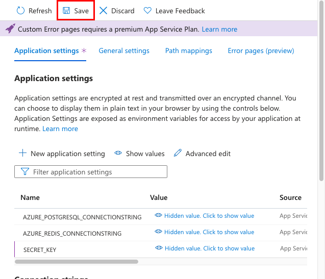 A screenshot showing how to save the SECRET_KEY app setting in the Azure portal (Django).