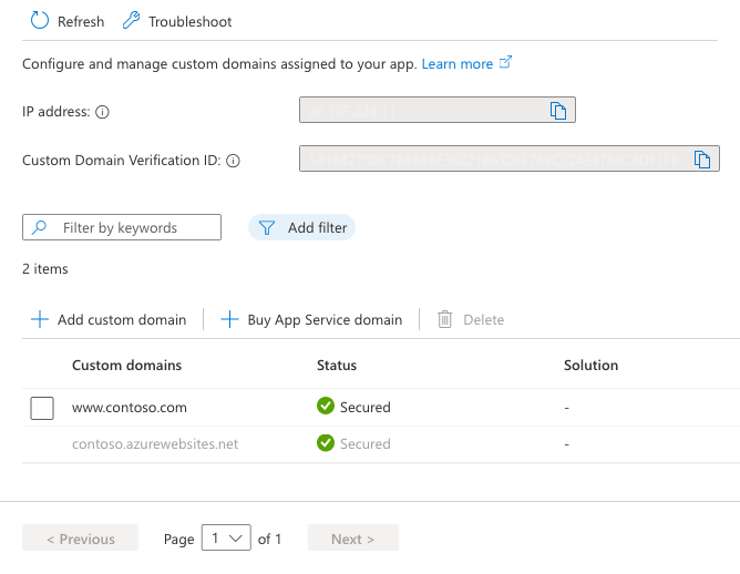 A screenshot showing the custom domains page with the new secured custom domain.