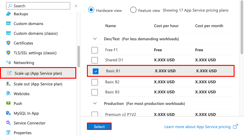 A screenshot showing how to scale up an App Service app to Basic B1 tier.