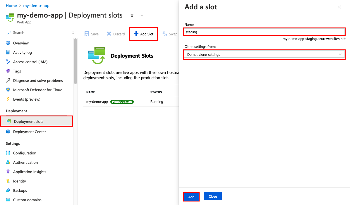 A screenshot that shows how to configure a new deployment slot called 'staging' in the portal.