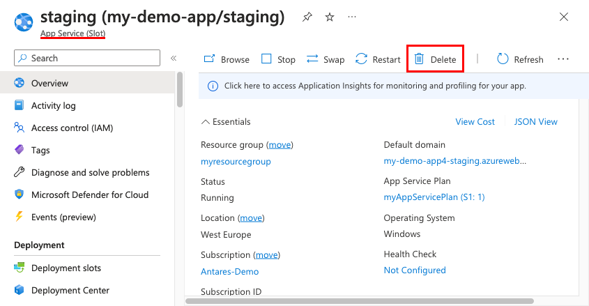 A screenshot that shows how to delete a deployment slot in the portal.