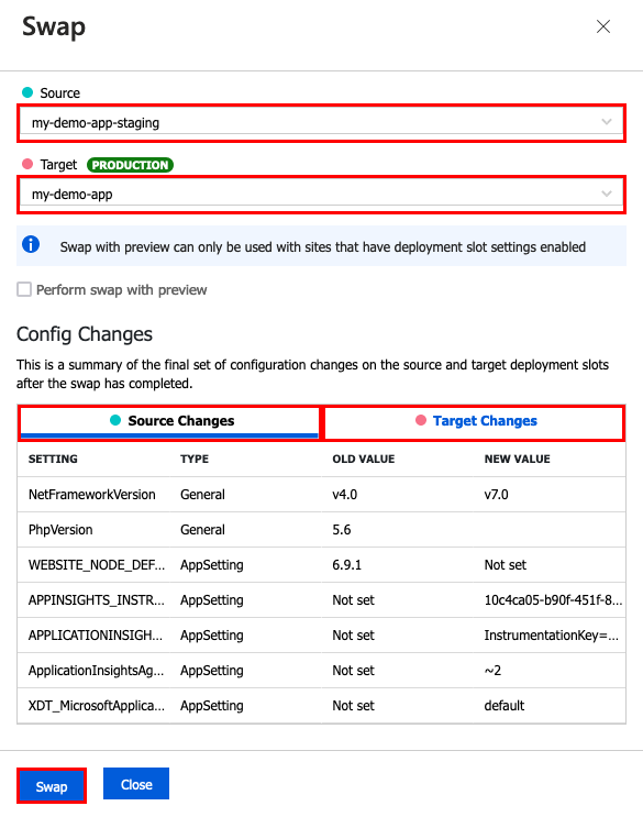 A screenshot that shows how to configure and complete a swap in the portal.