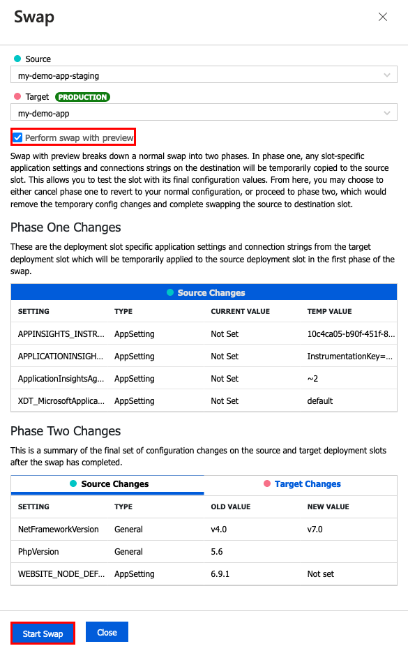 A screenshot that shows how to configure a swap with preview in the portal.