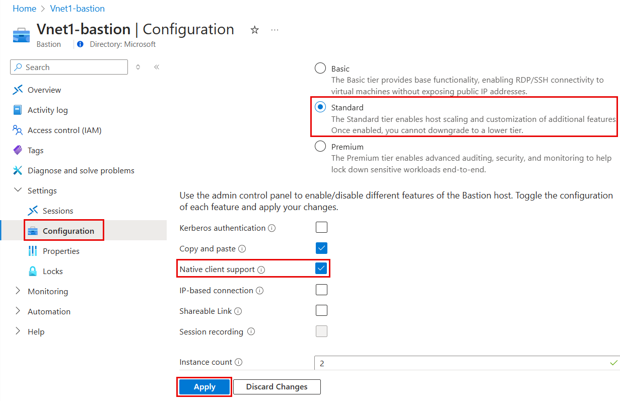 Screenshot that shows settings for updating an existing host with Native Client Support box selected.