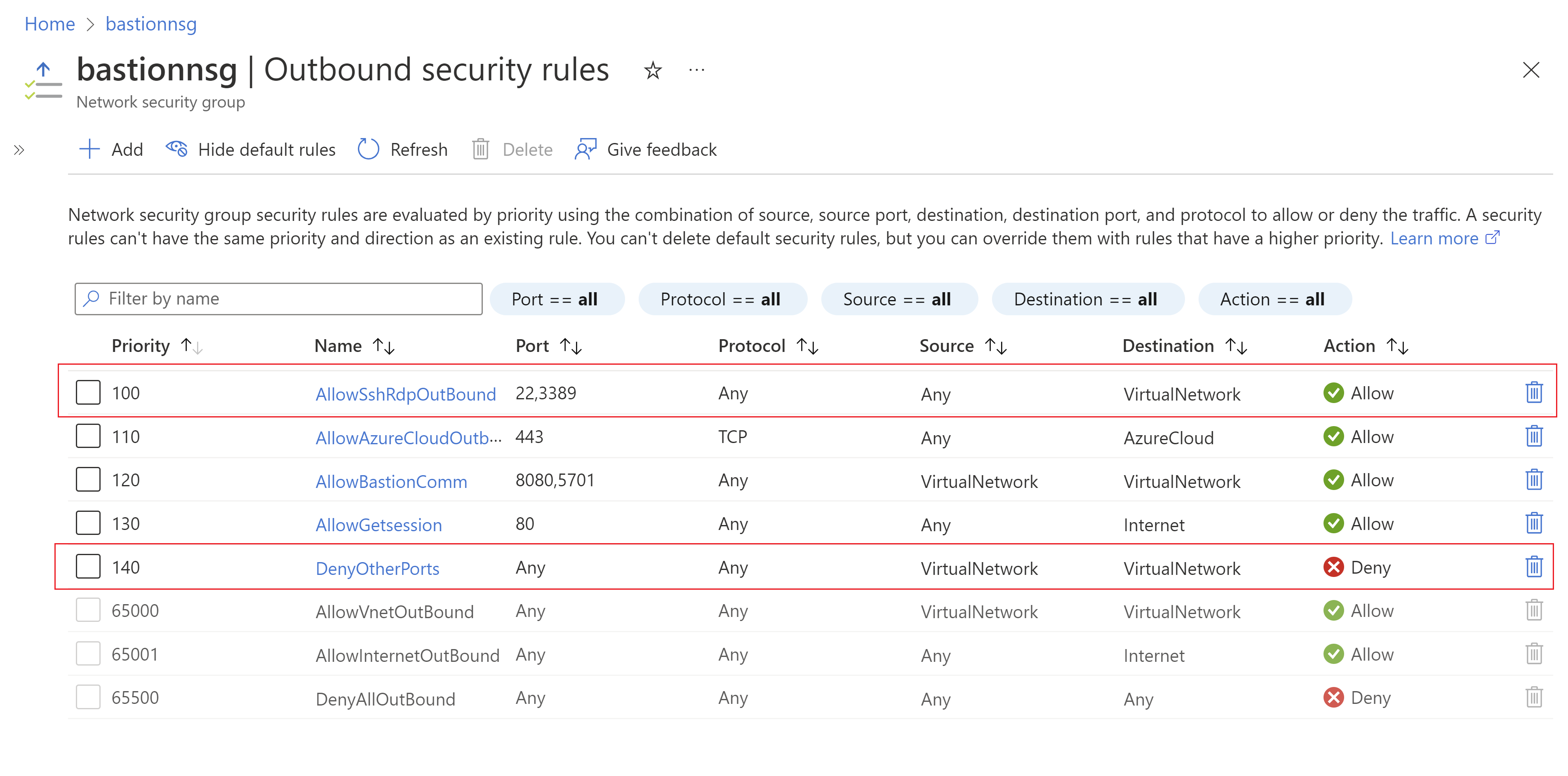 Screenshot that shows NSG configurations.