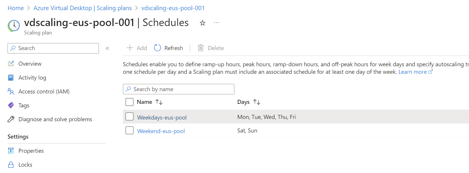 Azure Virtual Desktop LZA scaling plan.