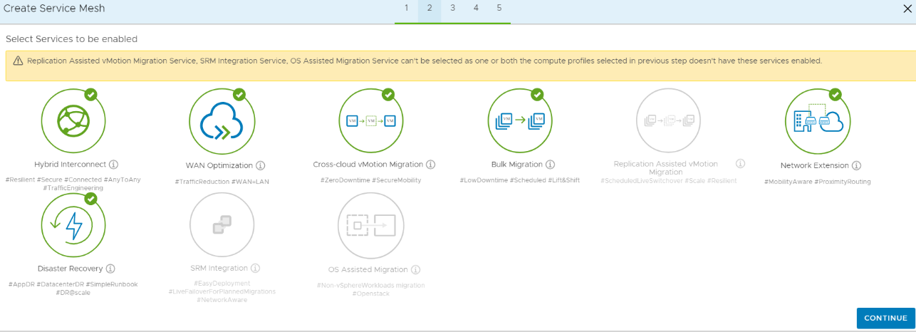 Screenshot of the Create Service Mesh window for configuring HCX.