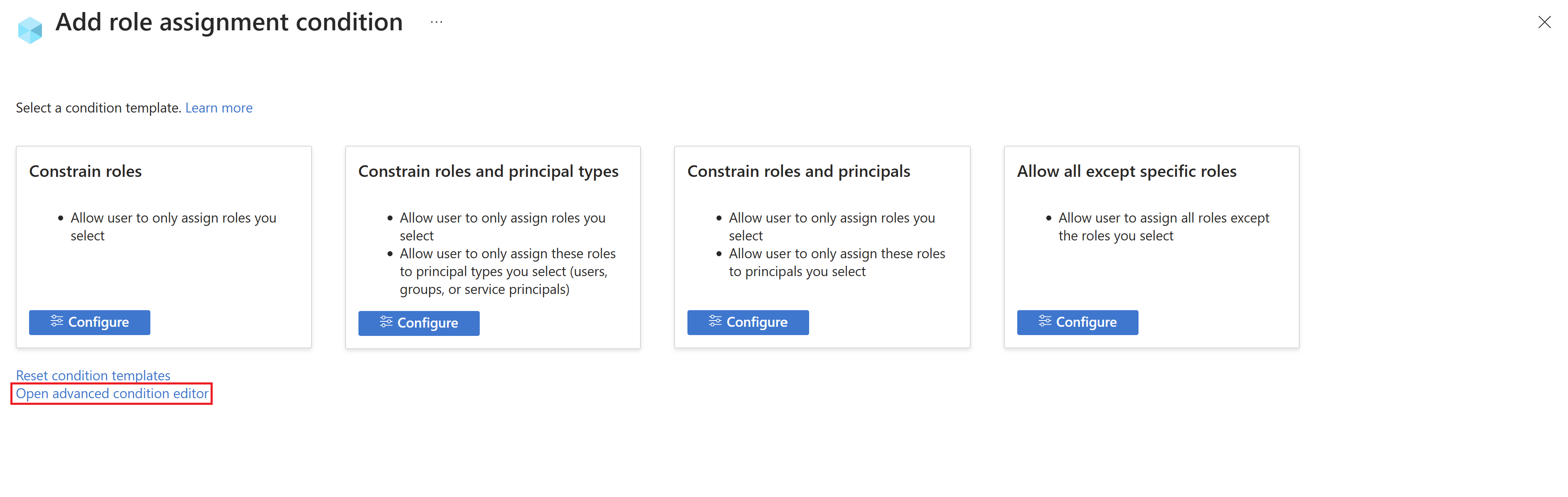 Screenshot that shows the condition templates for RBAC constrained delegation.