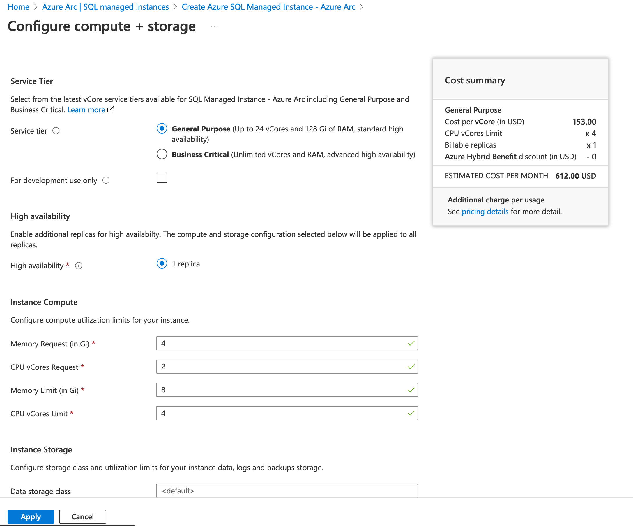 A screenshot of a service tier and estimated cost summary.