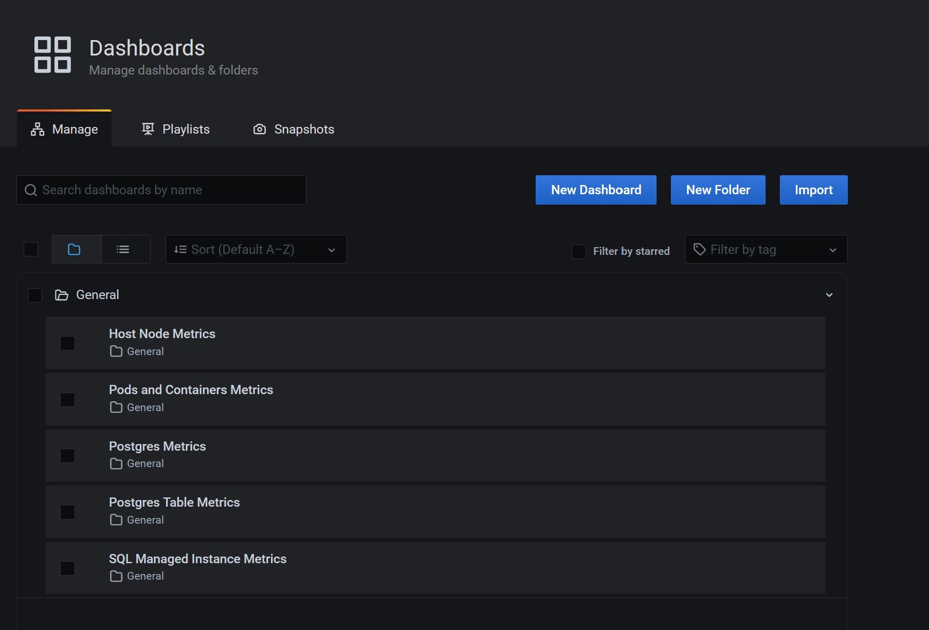 A screenshot that shows the out-of-the-box Grafana dashboards.