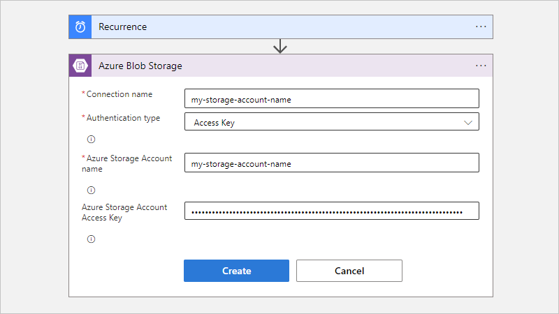 Screenshot showing Consumption workflow, Azure Blob action, and example connection information.