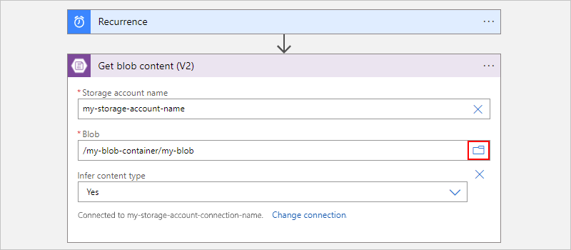 Screenshot showing Consumption workflow with Blob action setup for root folder.