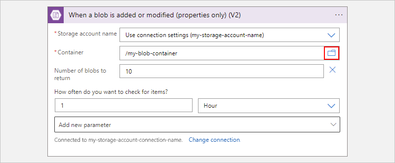 Screenshot showing Consumption workflow with Azure Blob Storage trigger, and example trigger information.