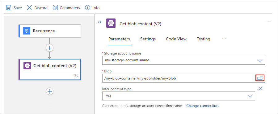 Screenshot showing Consumption logic app workflow designer with Blob action setup for subfolder.