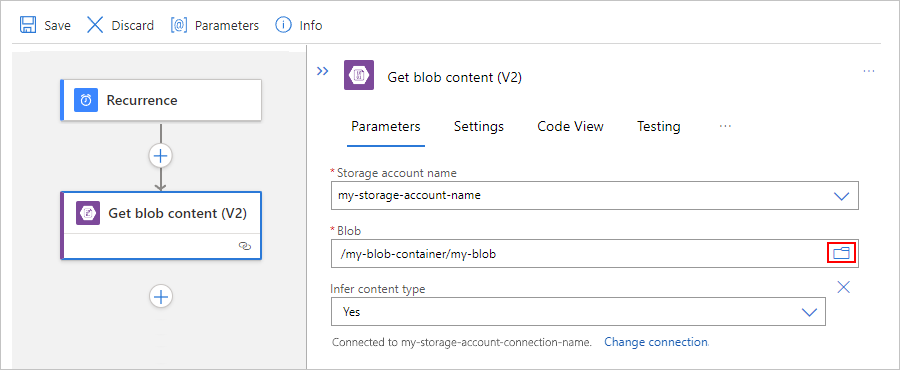 Screenshot showing Consumption logic app workflow designer with Blob action setup for root folder.