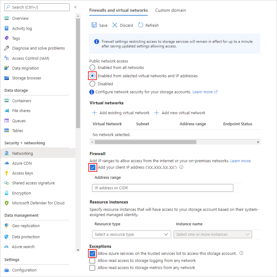 Screenshot showing Azure portal and Blob Storage account networking pane with allow settings.