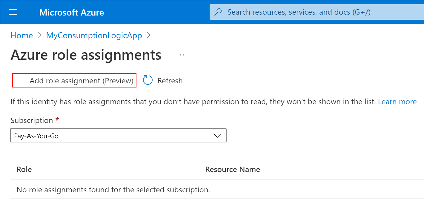 Screenshot showing the logic app role assignments pane with the selected subscription and button to add a new role assignment.