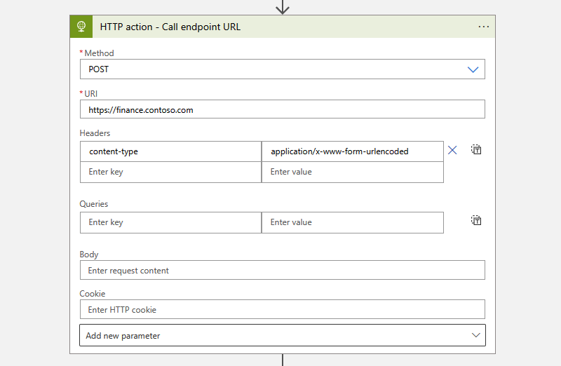 Screenshot that shows Consumption workflow with HTTP request and content-type header set to application/x-www-form-urlencoded.