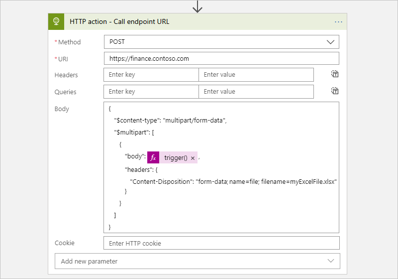 Screenshot shows Consumption workflow with HTTP action and multipart form data.