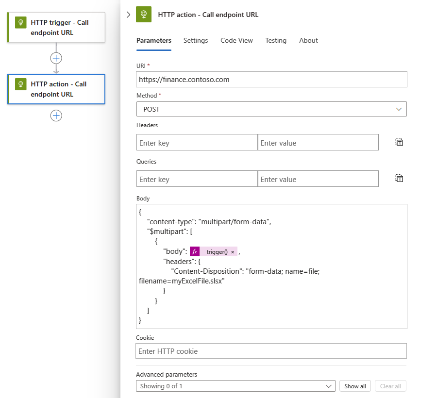 Screenshot shows Standard workflow with HTTP action and multipart form data.