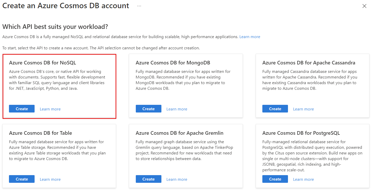 Screenshot of select API option page for Azure Cosmos DB.