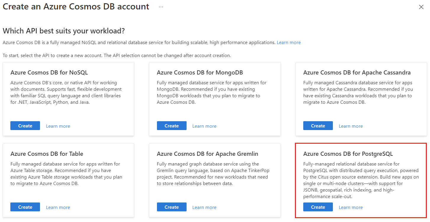 Screenshot of select API option page for Azure Cosmos DB.