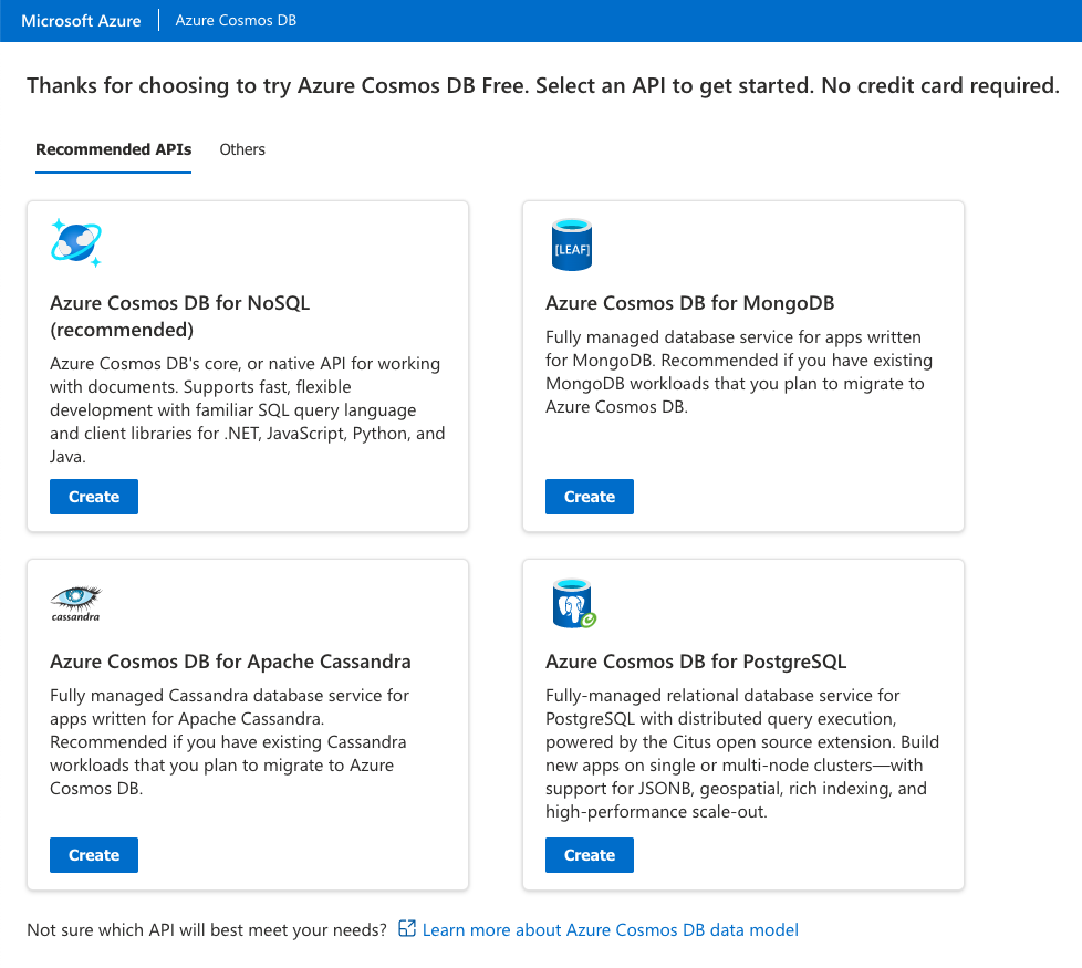 Screenshot of the API options including NoSQL, MongoDB, and Cassandra on the Try Azure Cosmos DB page.
