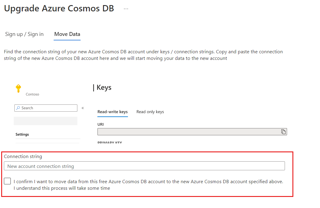 Screenshot of the migrate data options in the portal.