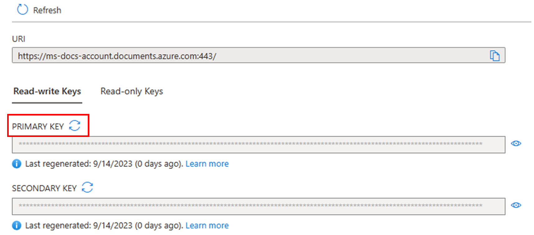 Screenshot showing how to regenerate the primary key in the Azure portal when used with the NoSQL API.