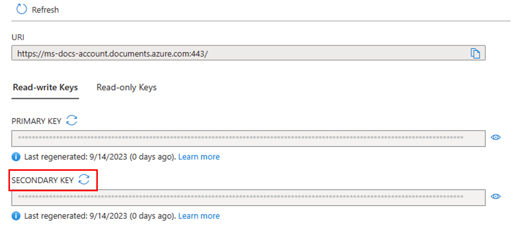 Screenshot showing how to regenerate the secondary key in the Azure portal when used with the NoSQL API.