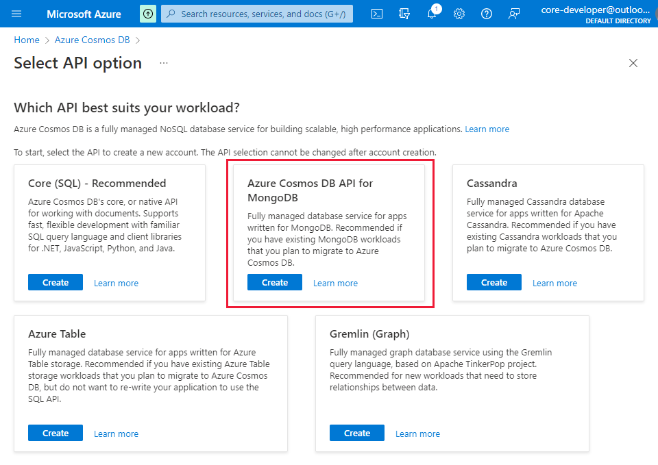 Screenshot of select API option page for Azure Cosmos DB DB.