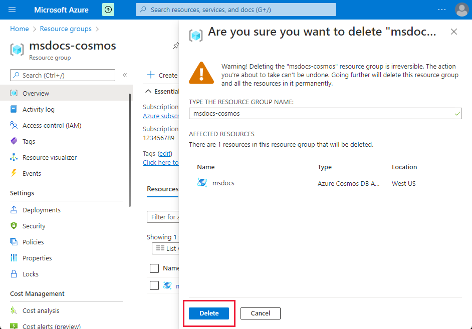 Screenshot of the deletion confirmation page for a resource group.