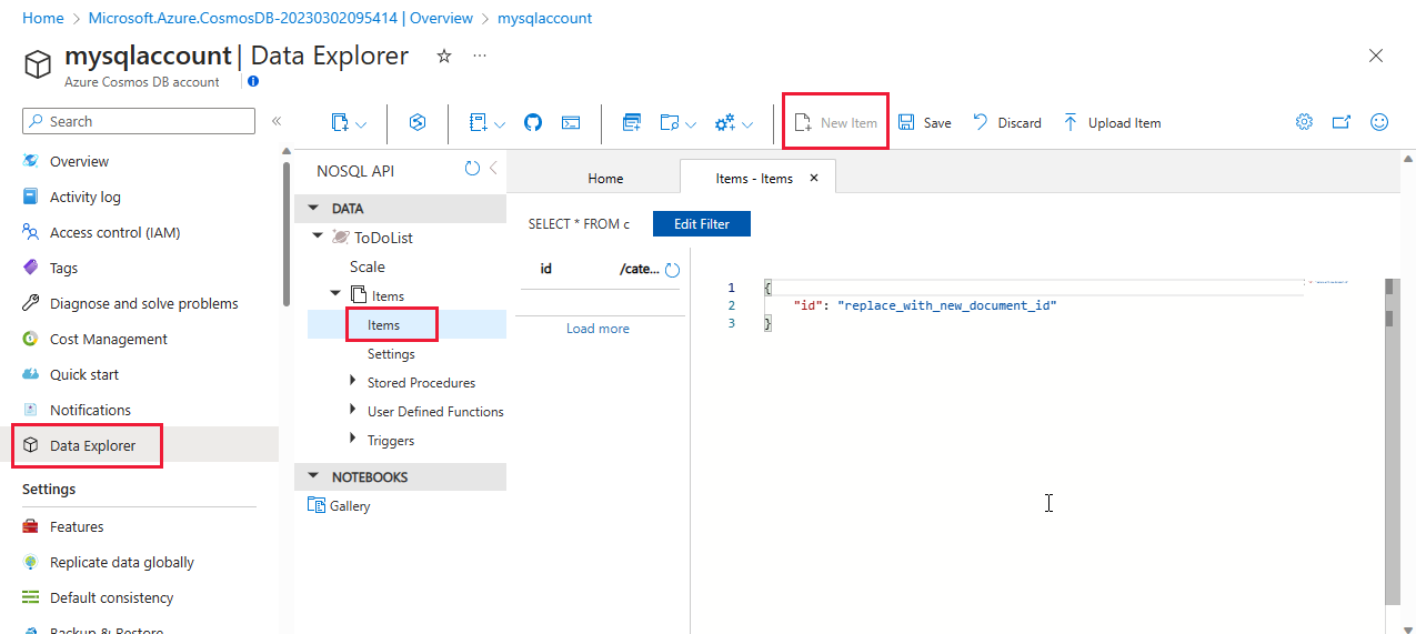 Screenshot shows the New Item option in Data Explorer in the Azure portal.