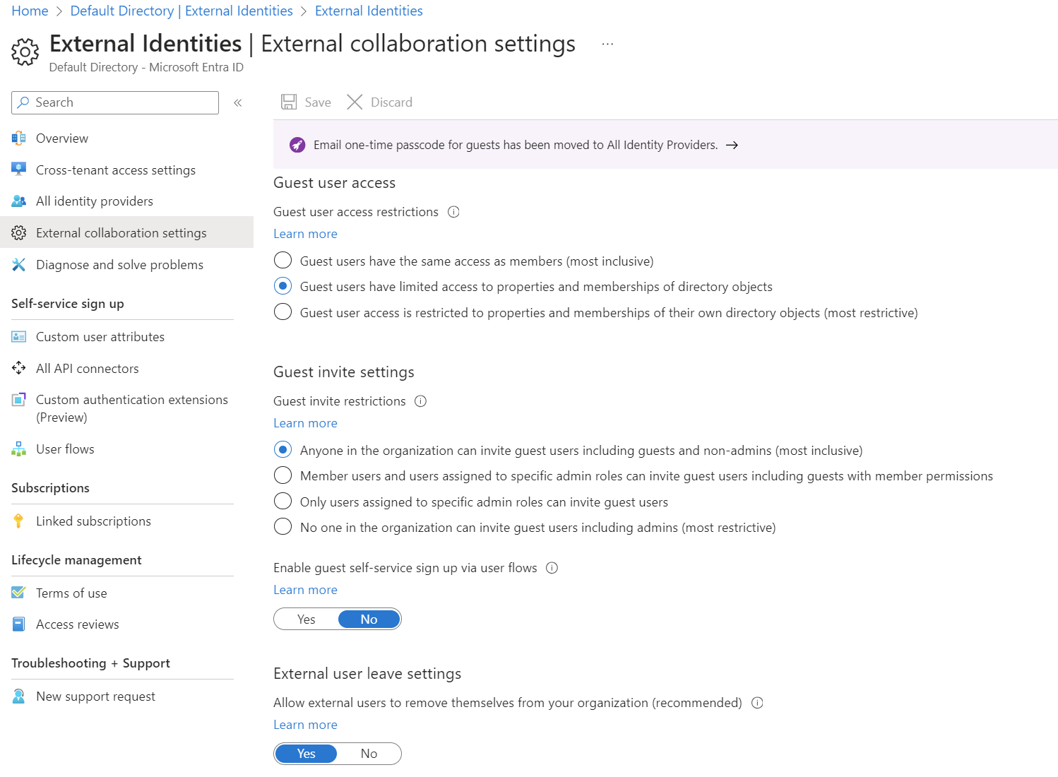 Screenshot showing the External collaboration settings in Microsoft Entra ID.