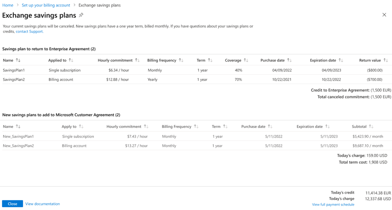 Screenshot showing the Exchange savings plan page.