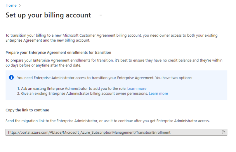 Screenshot showing the Prepare your Enterprise Agreement enrollments for transition page.