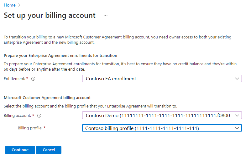 Screenshot showing the Prepare your Enterprise Agreement enrollments for transition with validated choices page.