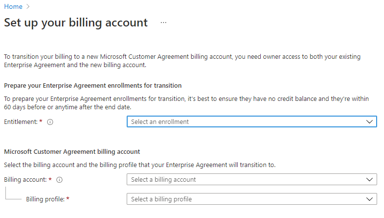 Screenshot showing the Prepare your Enterprise Agreement enrollments for transition ready for selections page.