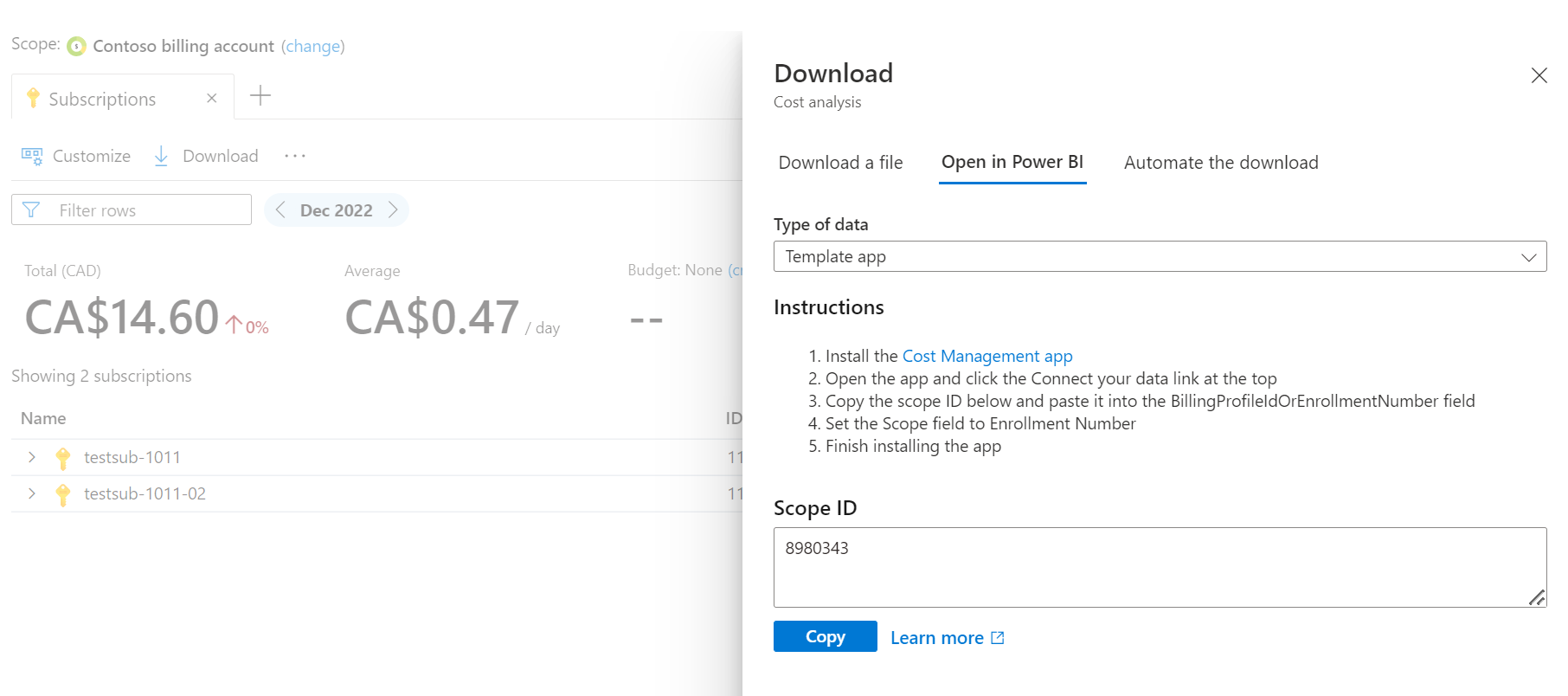 Screenshot showing the Download - Open in Power BI options.