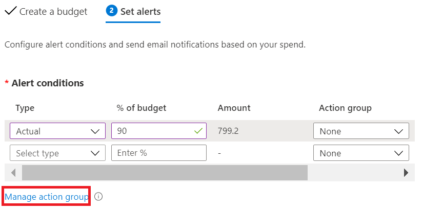 Screenshot showing an example of creating a budget to show Manage action groups.