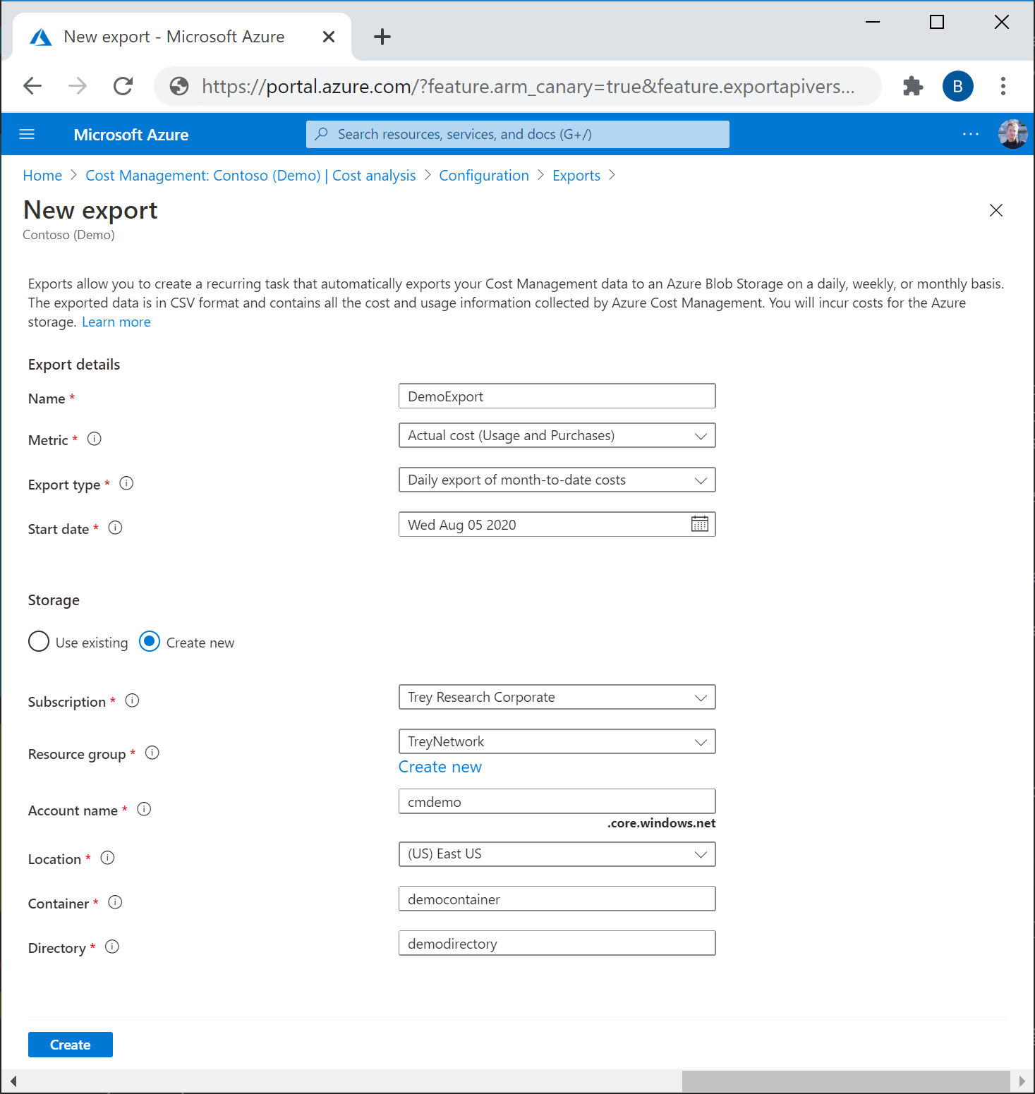 Screenshot showing the New export page where you configure an export.