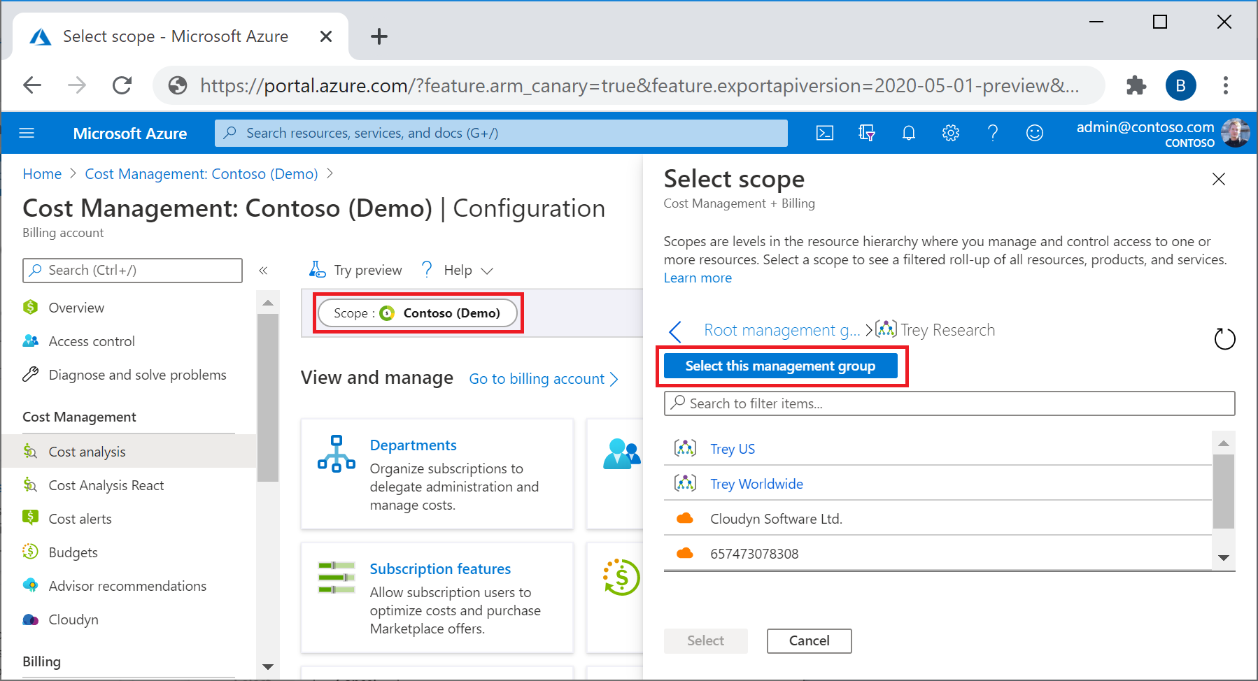 Screenshot showing the Select this management group option.