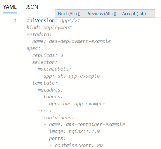 Screenshot showing Microsoft Copilot in Azure providing autocomplete suggestions in an AKS YAML file.