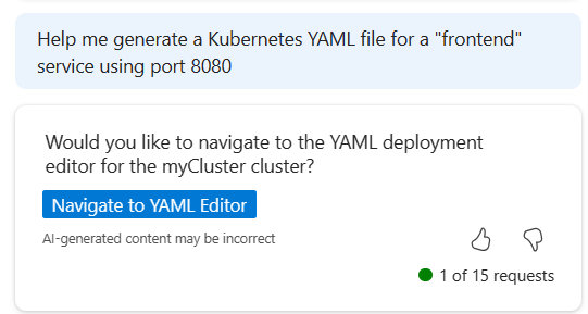 Screenshot of a prompt for help generating an AKS YAML file in Microsoft Copilot in Azure.