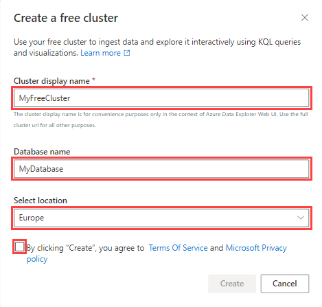 Screenshot of Create a free cluster dialog, showing the details for creating the cluster.