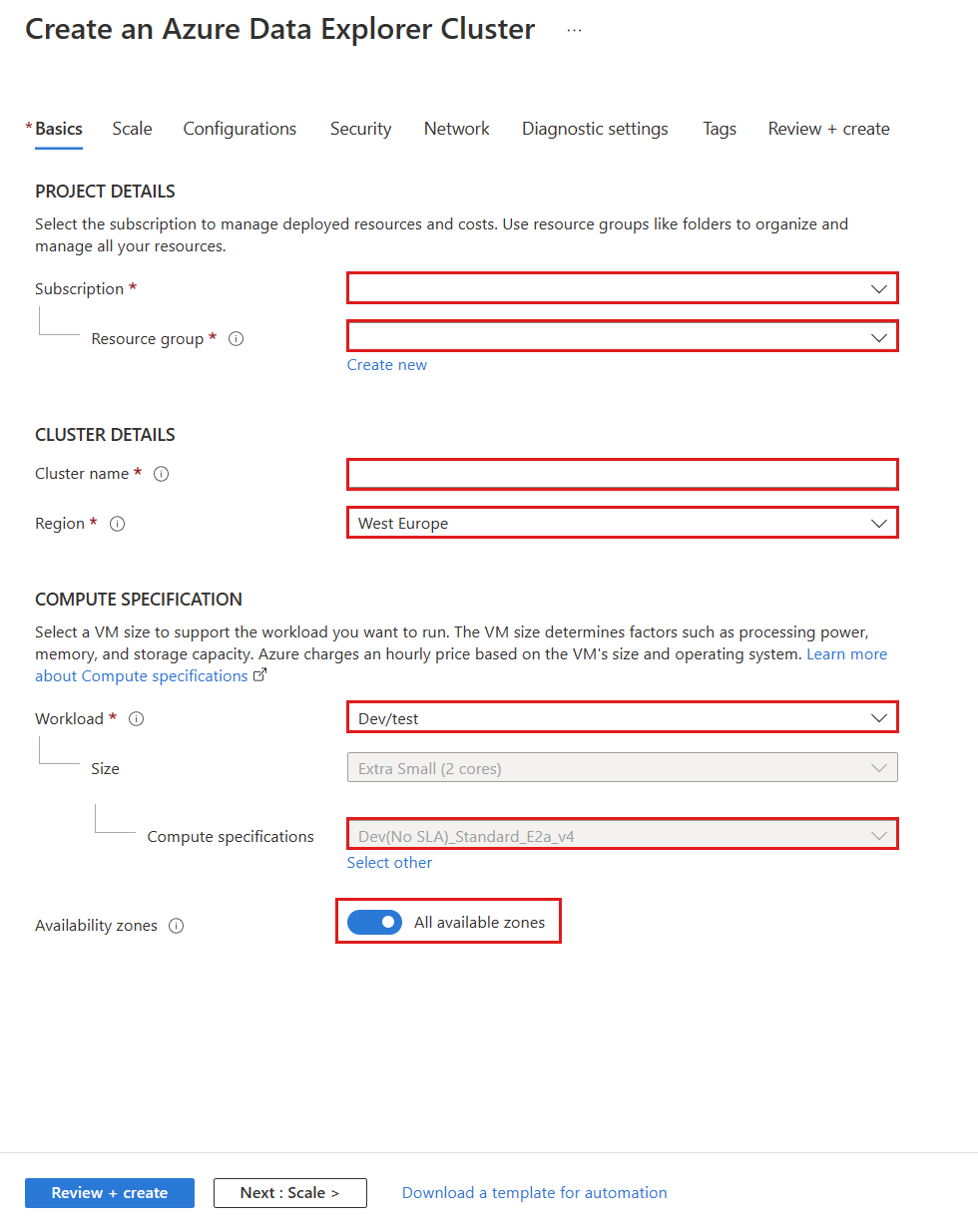 Screenshot of the Azure portal create Azure Data Explorer cluster form.