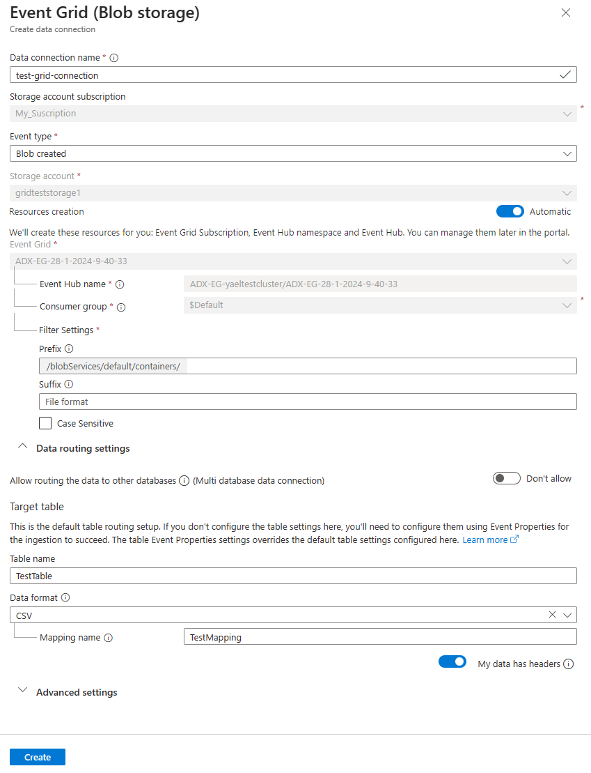 Screenshot of Event Grid pane showing the details for the data connection.