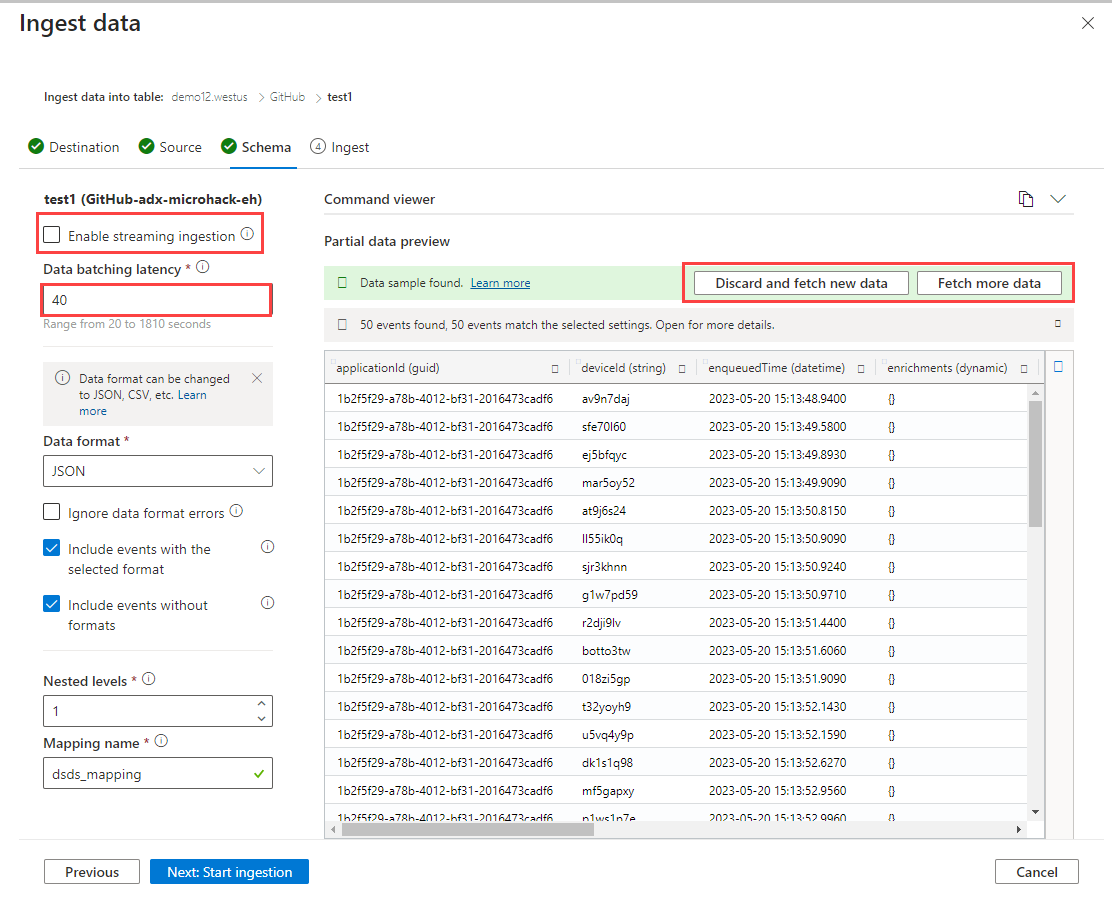 Screenshot of schema page for ingesting from event hubs to Azure Data Explorer in the Azure portal.